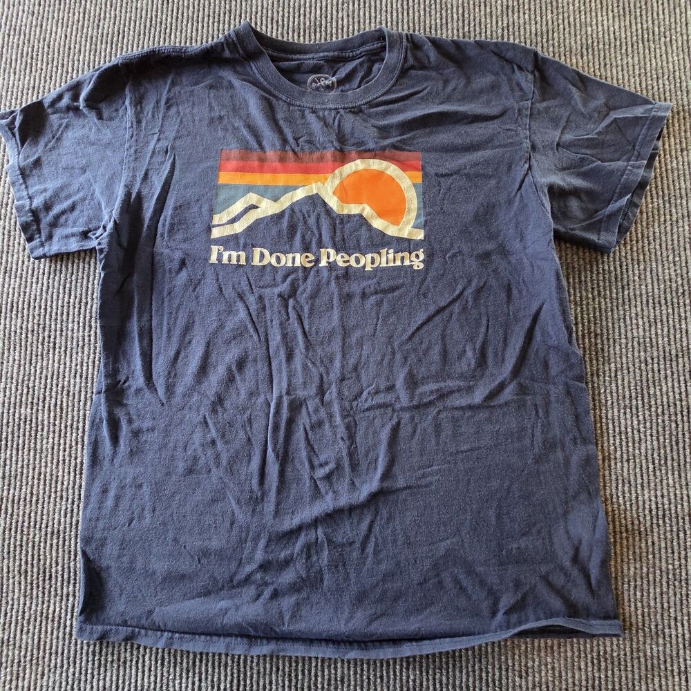 I'm Done Peopling T Shirt DOM Men's Large Blue Graphic Retro Short Sleeve